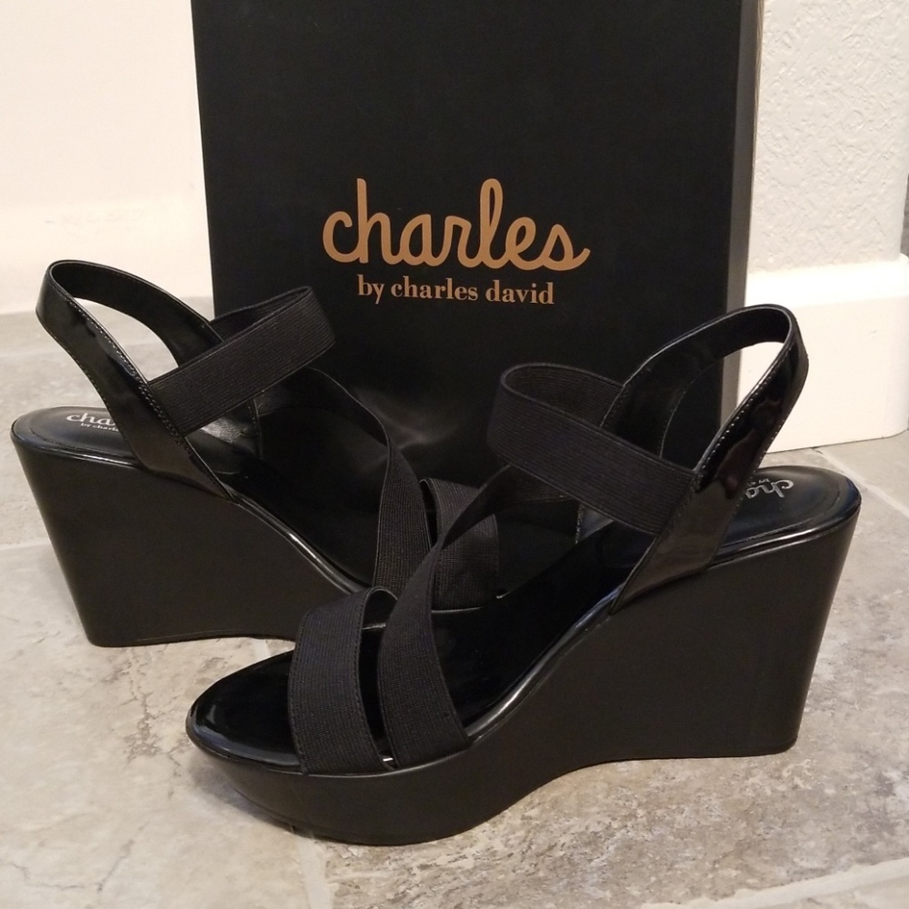 Charles David Black Strappy Wedges, size 8.5